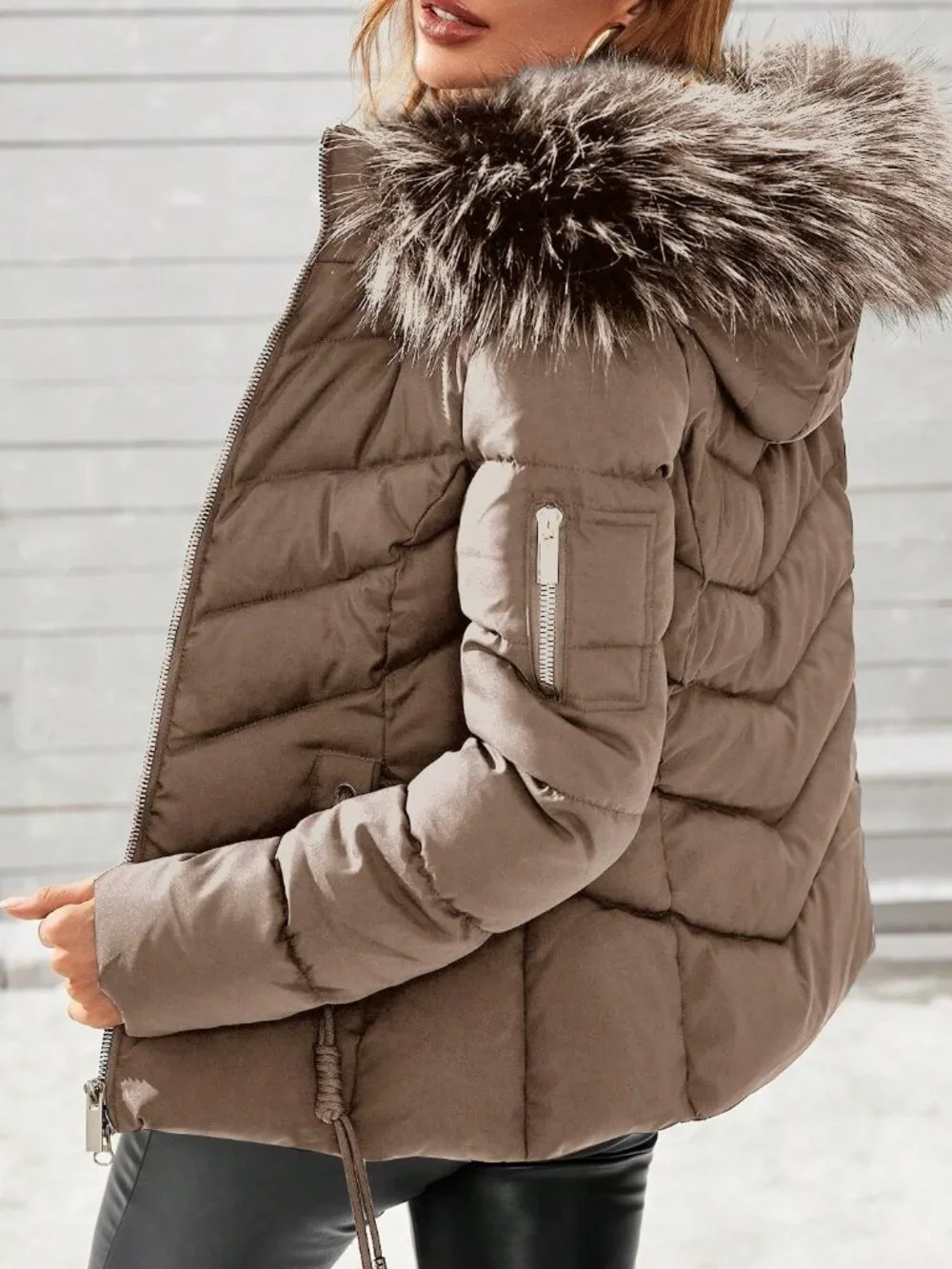 Khaki Casual Women's Long Sleeve Zippered Collar Fluffy Hooded Padded Coat